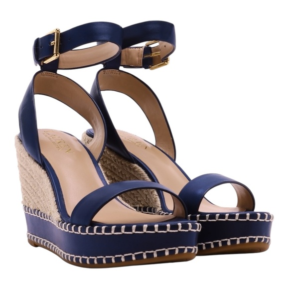 LAUREN RALPH LAUREN | Hilarie Navy Leather Wedge Espadrilles - Picture 2 of 5
